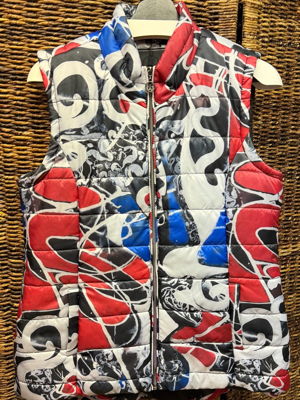 Dolcezza- NWT, Red, Blue,Black & White Printed Puffer Vest- Large